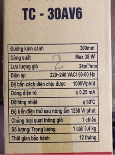 ( lỗ tường 35x35 cm) Quạt thông gió  Tico 30AV6.