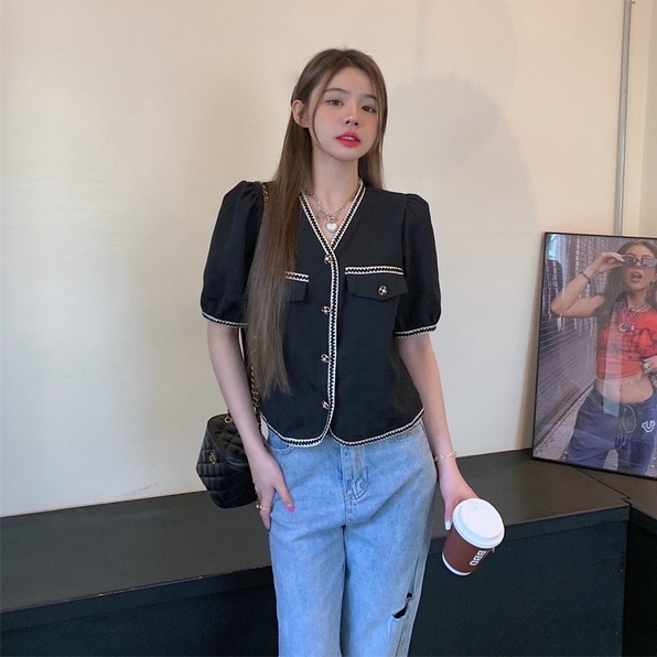 Áo dệt kim ZHELIHANGFEI tay ngắn cổ chữ V thời trang xinh xắn cho nữ