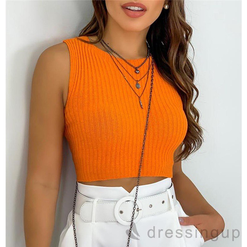 Áo Dệt Kim Sát Nách Cổ Tròn Màu Sắc Đơn Giản Cho Nữ