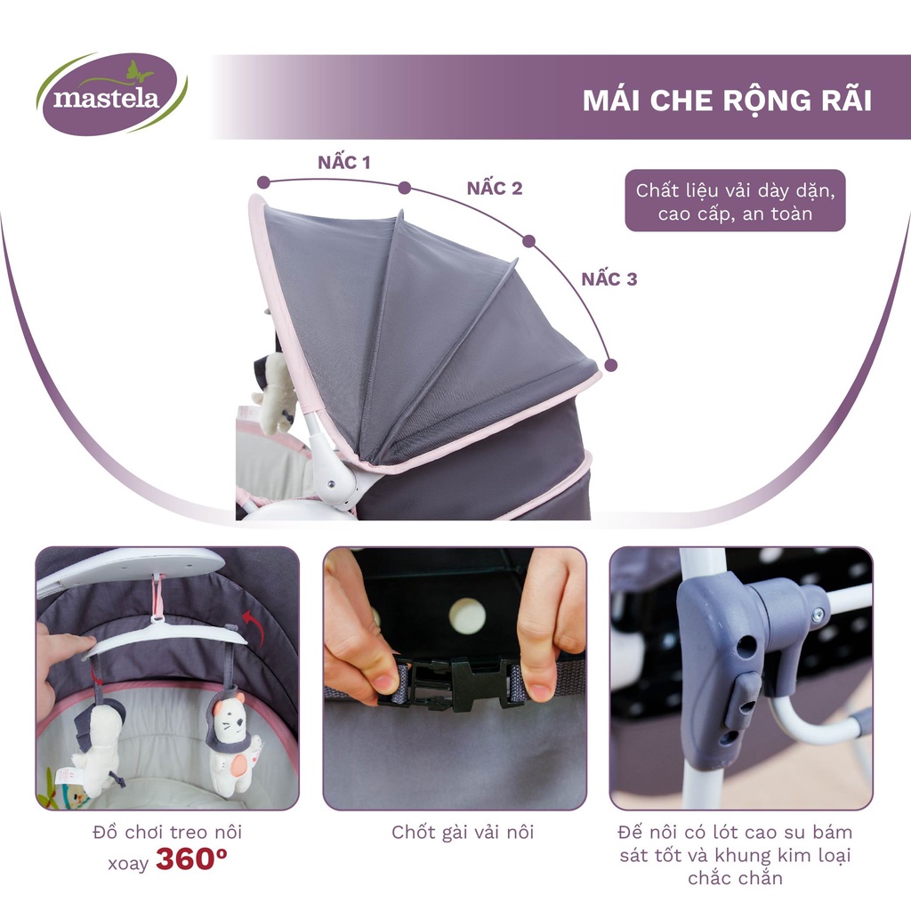 Nôi rung bập bênh kiêm xách tay và ngủ chung giường bố mẹ cho bé 5 trong 1 Mastela 6033/6037 - nhạc trắng