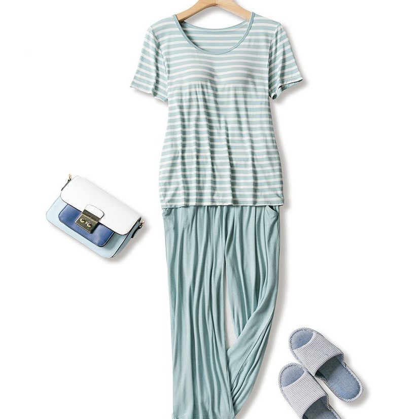 Bộ Mặc Nhà Có Đệm Ngực Vải Modal Kẻ Sọc Cao Cấp CT381