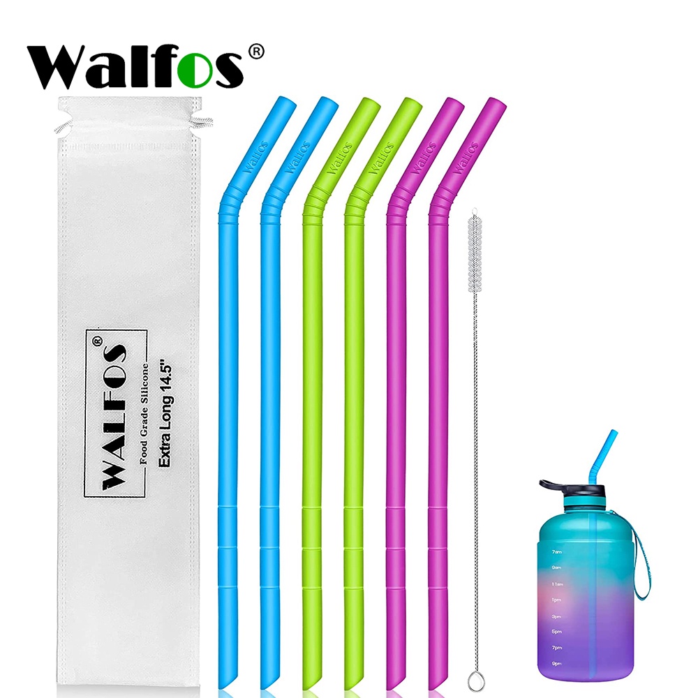Bộ 6 ống hút WALFOS silicone tái sử dụng kích thước lớn 14.5 inch cho bình nước 1 gallon 128 75 64 oz kèm phụ kiện