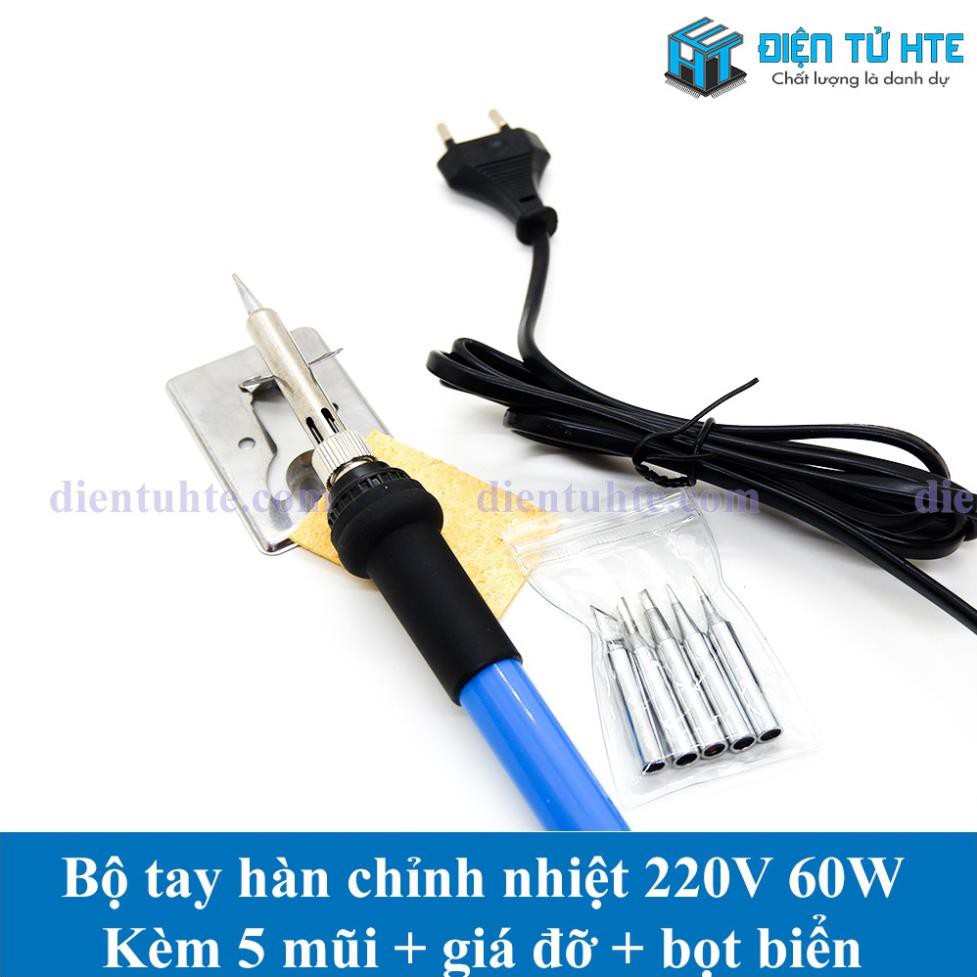 Bộ tay hàn chỉnh nhiệt 220V 60W kèm 5 mũi hàn + giá đỡ + bọt biển