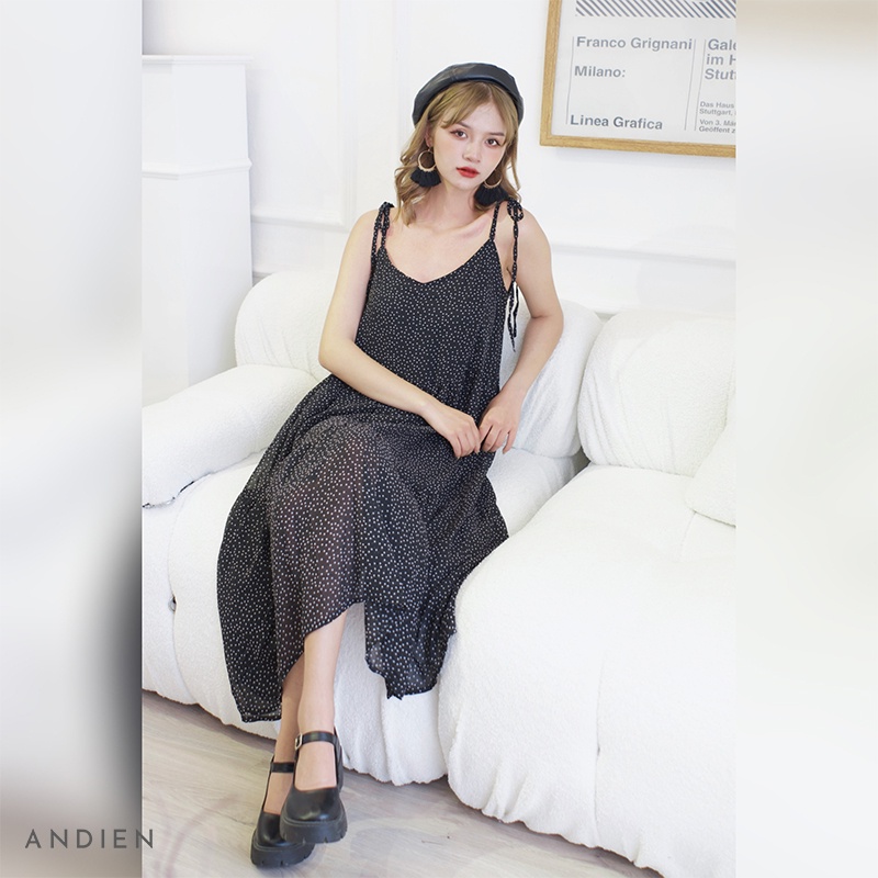 Váy hai dây chấm bi - DOTTIE DRESS hàng cao cấp đầm 2 lớp dáng dài Hàn Quốc HM001