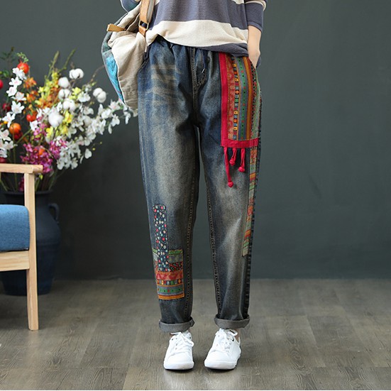 Quần Jeans Dài Nữ Chắp Vá Thổ Cẩm
