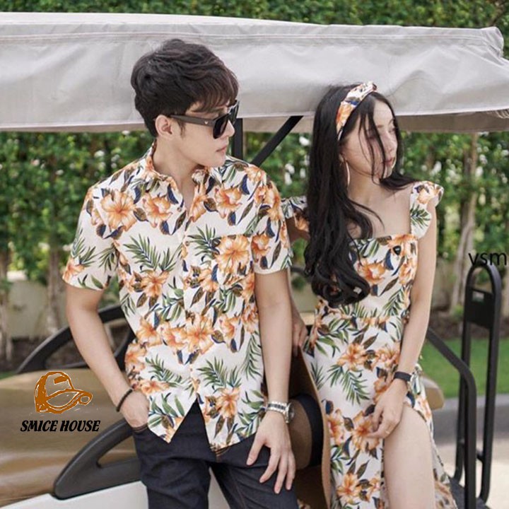 SET ĐỒ ĐÔI NAM NỮ, ÁO CẶP HOA LÁ ĐI BIỂN CHỤP HÌNH CƯỚI ĐẦM XẺ TÀ