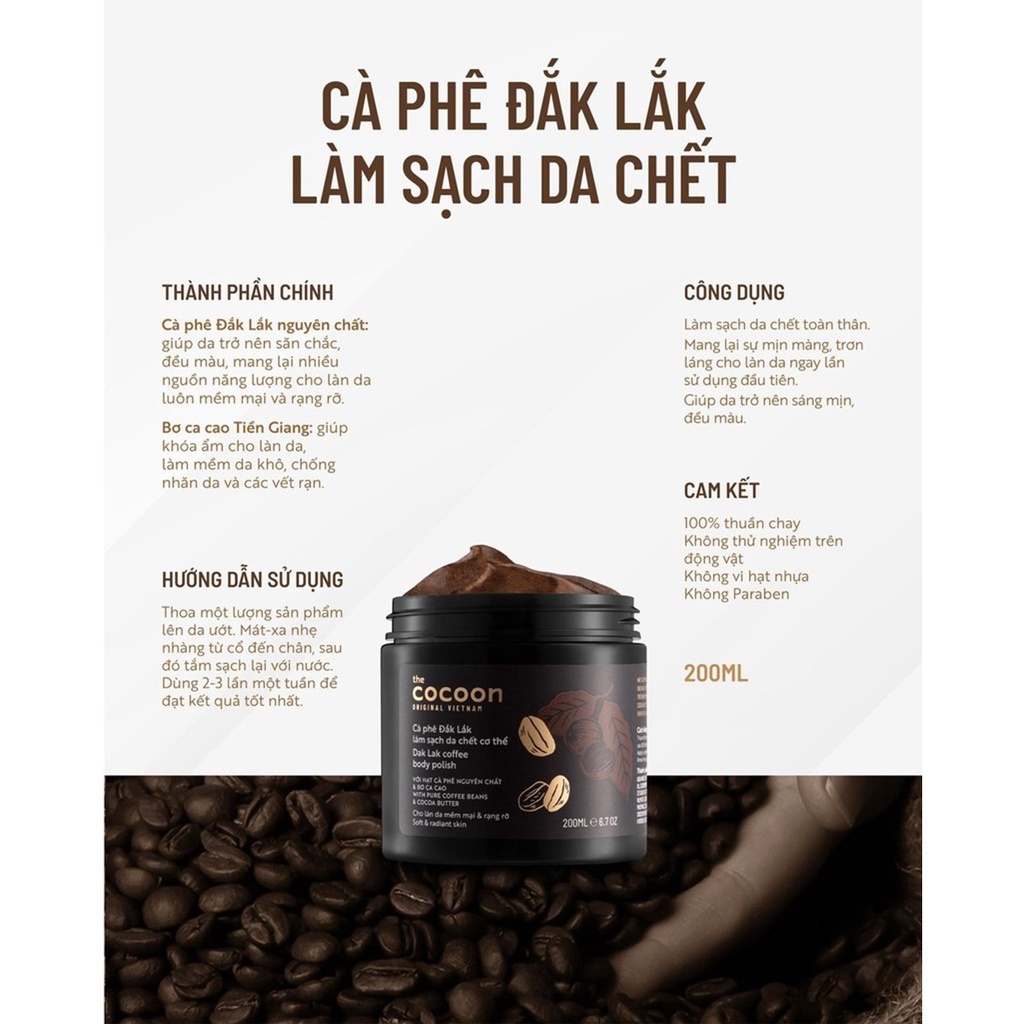 Tẩy Tế Bào Chết Cơ Thể COCOON Cà Phê ĐakLak Giúp Da Mềm Mại Và Rạng Rỡ COCOON Coffee Body Polish 200ml