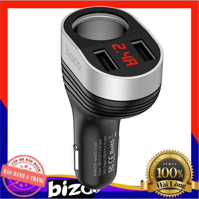 ✅CAO CẤP✅ Cốc sạc xe hơi hoco Z29 có đèn báo, có cổng sạc cắm tẩu + 2 ổ cắm USB 2,4A