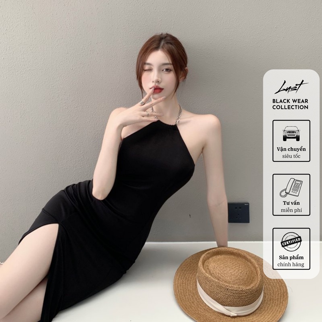 Váy đầm dây xích nữ thời trang LUST màu đen dài xẻ đùi thiết kế đẹp ôm body hở lưng - M1