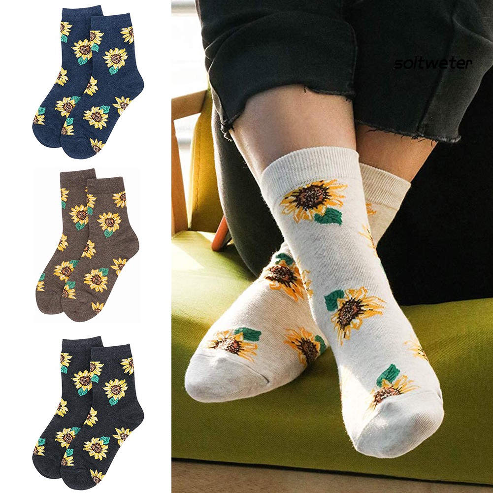 Vớ Cotton Cổ Cao Co Giãn Thoáng Khí Họa Tiết Hoa Hướng Dương Cho Nữ