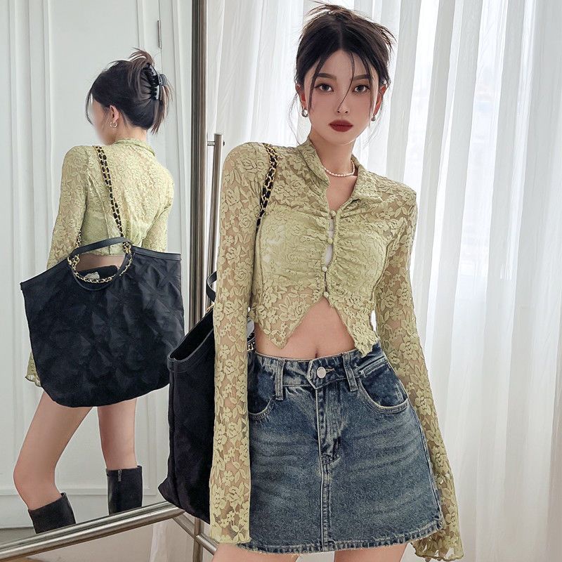 COZOK Áo sơ mi kiểu COZOK tay dài phối ren hoa thời trang xinh xắn dành cho nữ