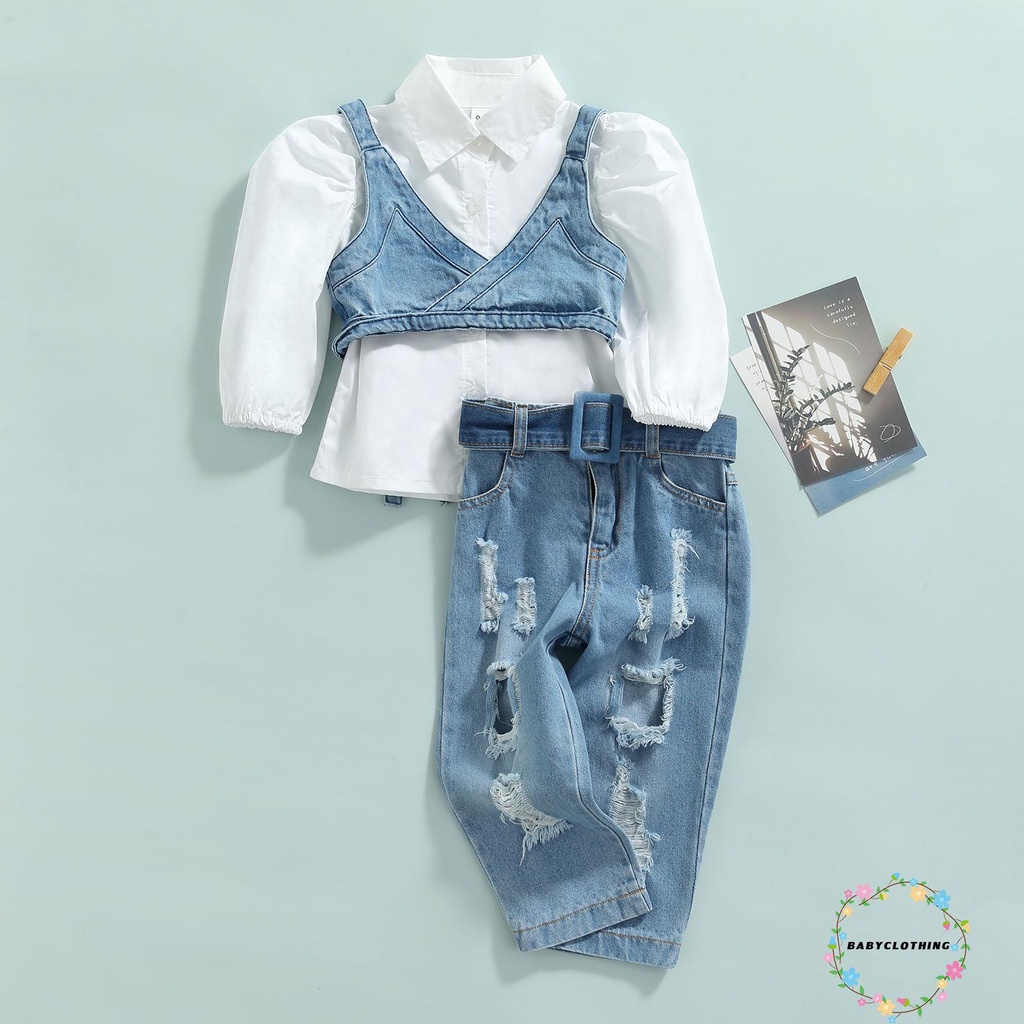 Set Áo Sơ Mi Tay Dài + Áo Khoác Jean Cổ Chữ V Màu Sắc Thời Trang Cho Bé Gái