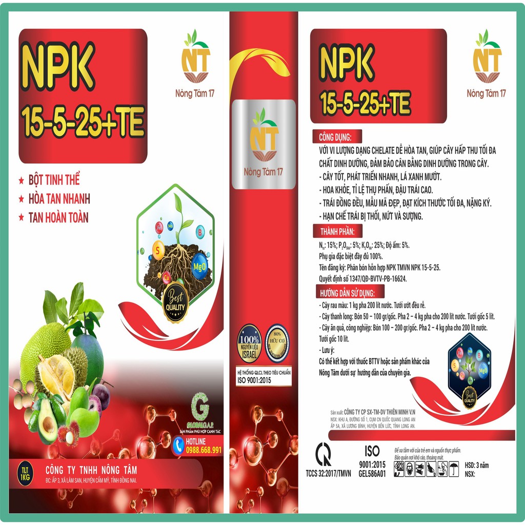 Phân bón NPK 15-5-25+TE bổ sung vi lượng, chất dinh dưỡng cho rau màu, cây ăn quả, gói 5kg