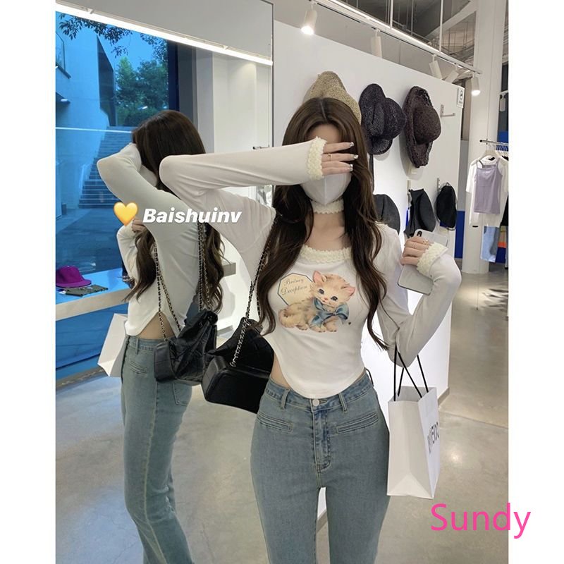 Áo Thun Tay Dài Cổ Tròn In Hình Mèo Phối Ren Quyến Rũ Thời Trang Mùa Thu Cho Nữ