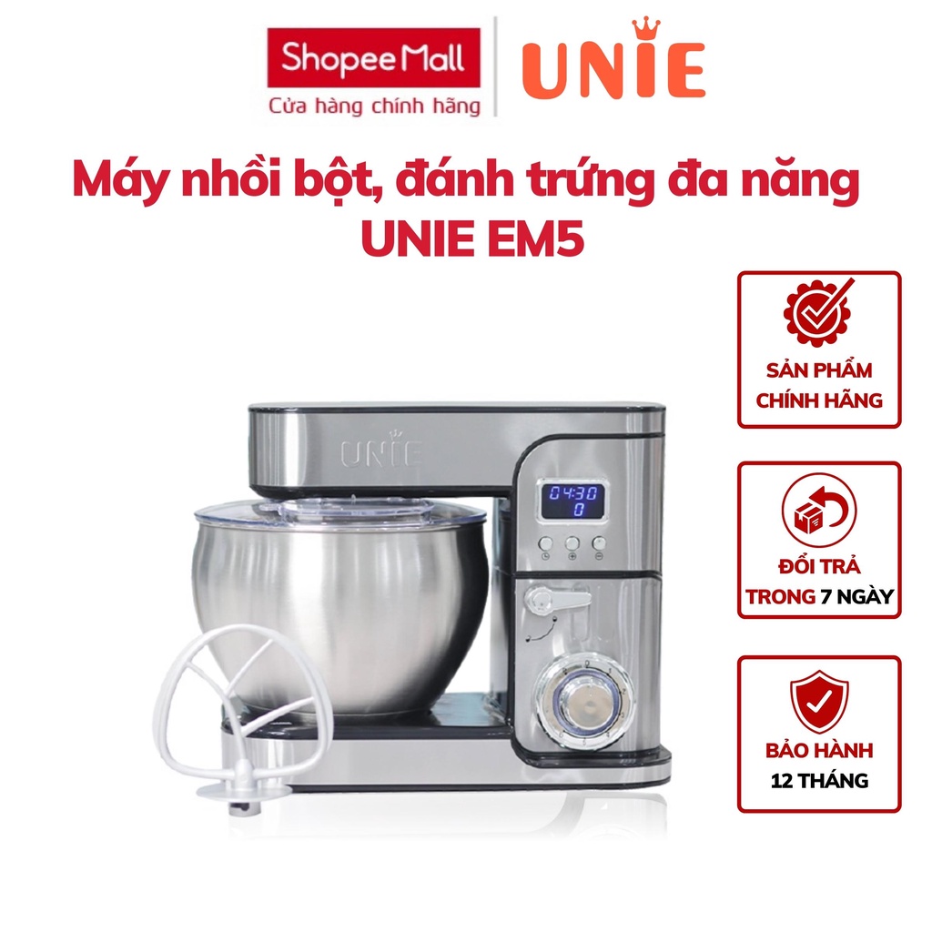 Máy nhồi bột chuyên dụng, đánh trứng đa năng UNIE EM5 1300W, thố trộn 8L, Sản phẩm chính hãng