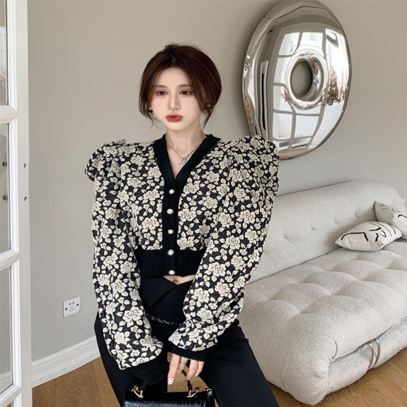 IELGY  Ielgy Áo Cổ Chữ V In Hình Hoa Hồng Tương Phản Kiểu Pháp Cổ Điển Cho Nữ