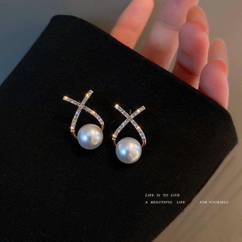 Bông Tai Mạ Bạc 925 Hình Chữ Đính Ngọc Trai Phong Cách Hàn Quốc