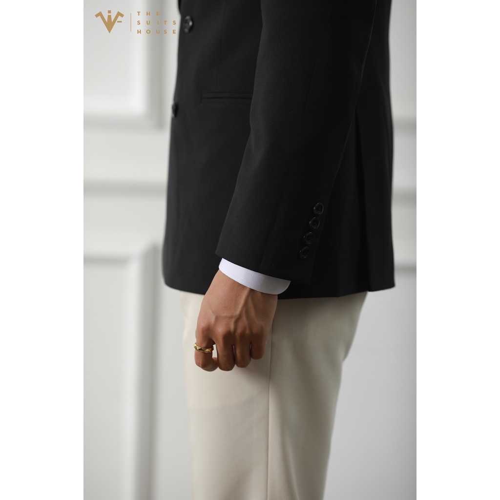 Bộ vest nam đen AP phối trắng kem, 2 túi 6 khuy, suits sartorial chất cashmere The Suits House