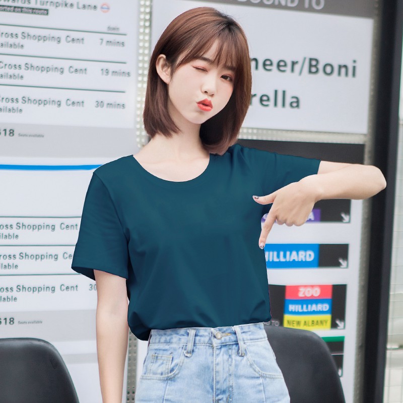 Xu Li peacock blue round neck short-sleeved cotton t-shirt women's super hot ins college style Korean version of the wild half-sleeved ladies women's clothing