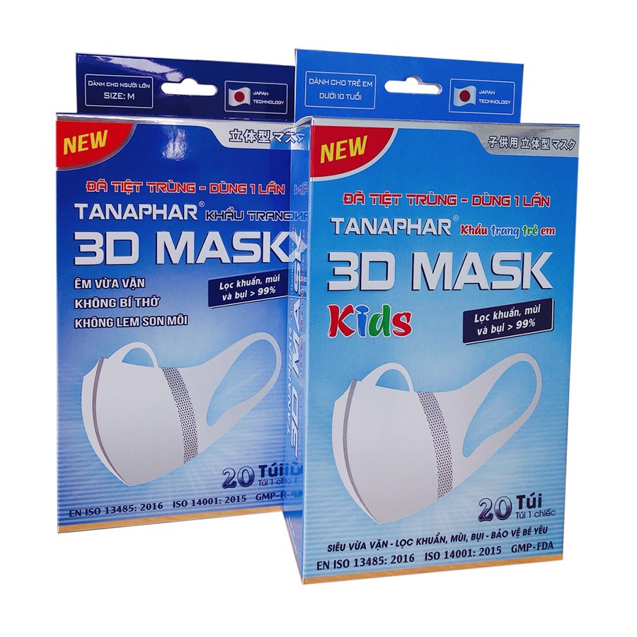 Khẩu trang y tế 3D Mask Tanaphar công nghệ Nhật Bản, size người lớn và trẻ em, hộp 10 chiếc