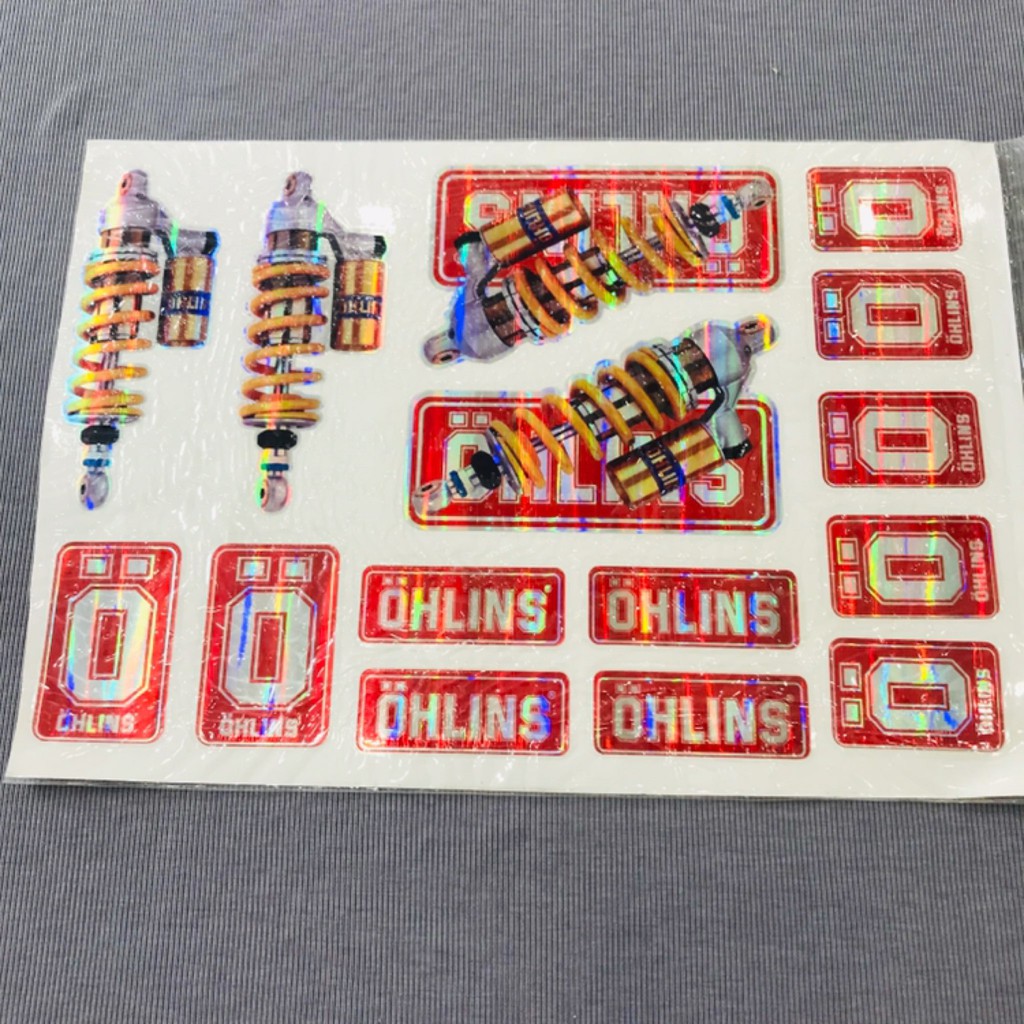 [Sale khô máu] Nguyên 1 tấm tem crom nhiều logo chữ và phuộc ohlins đỏ sắc nét