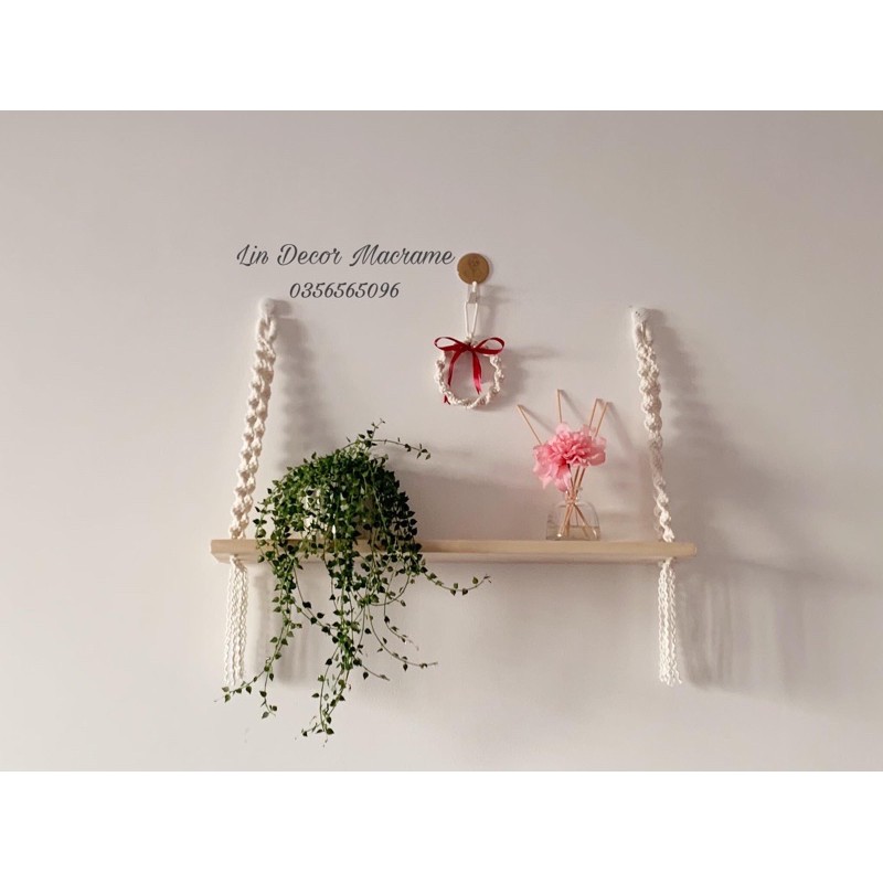 Kệ Gỗ Thông Macrame treo tường handmade phong cách vintage trang trí nhà cửa