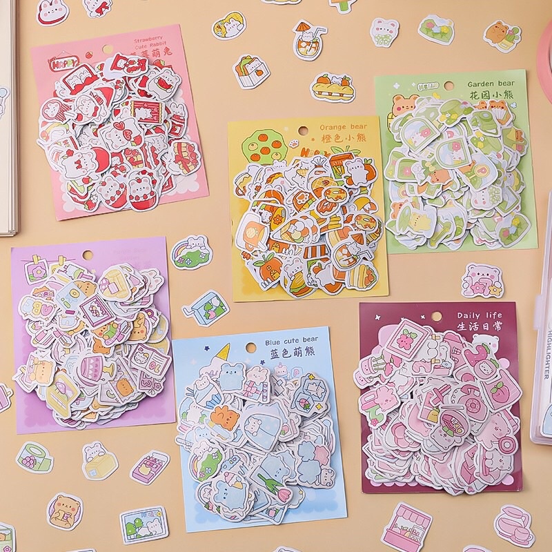 Túi Sticker Gấu 200 Sticker Với 100 Hình Khác Nhau Tha Hồ Trang Trí Sổ, DIY, Nhật Ký,...