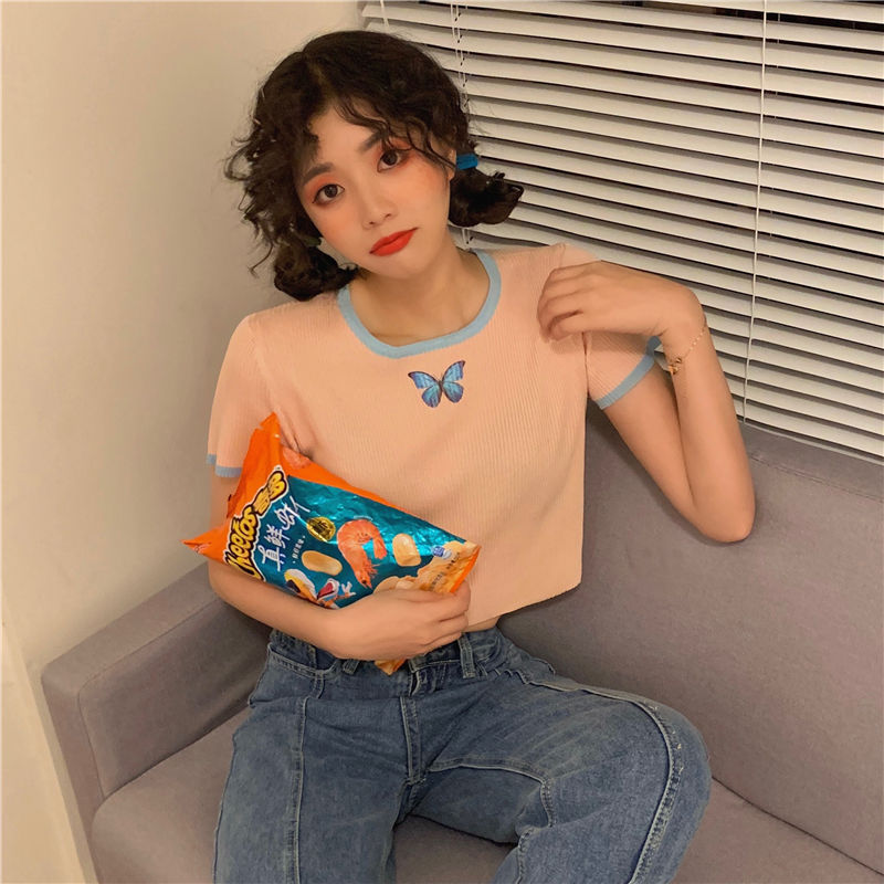 Áo thun nữ tay ngắn in hình bướm phong cách Harajuku phiên bản Hàn