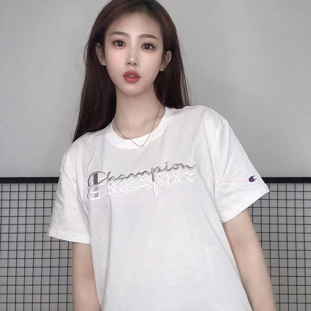 Áo Thun Cotton Tay Ngắn Cổ Tròn Thêu Chữ Champion Thời Trang Cho Phụ Nữ