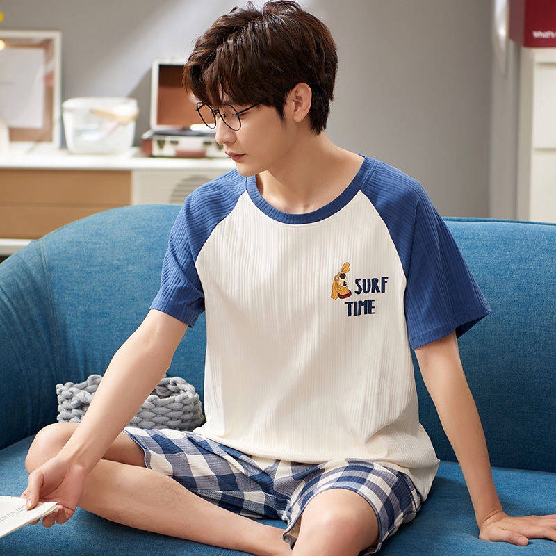 Bộ đồ ngủ nam mùa hè ngắn tay cotton phong cách Hàn Quốc dành cho sinh viên trẻ trung