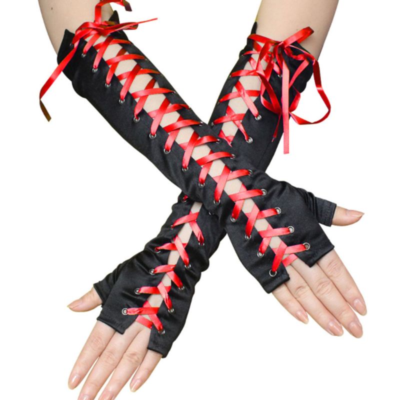 Găng tay dài hở ngón phối dây ruy băng đan chéo phong cách Gothic hóa trang nhảy múa