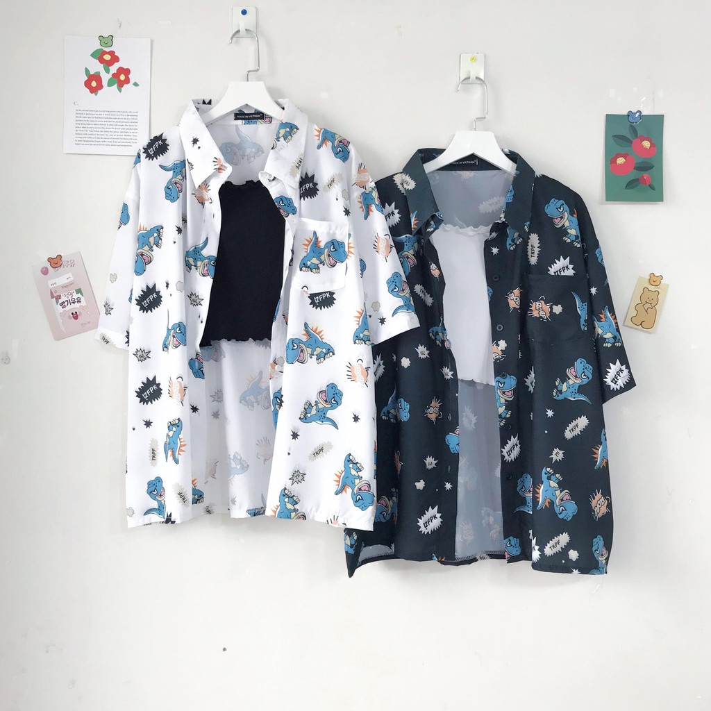 Áo Sơ Mi Hoạ Tiết Khủng Long Tay Lỡ Dáng Rộng Ulzzang Unisex, Sơ Mi Đi Biển - MM | BigBuy360 - bigbuy360.vn