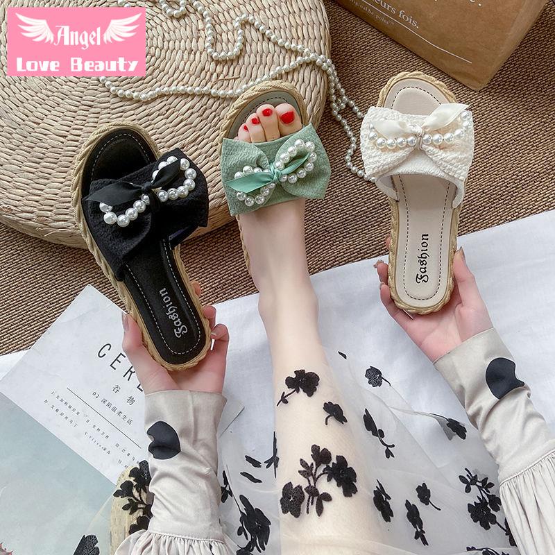 Dép Lê Đi Biển Đế Bằng Chống Trượt Đính Ngọc Trai Và Nơ Phong Cách Cổ Tích Thời Trang Mùa Hè Hàng Mới Dành Cho Bạn Nữ 2022