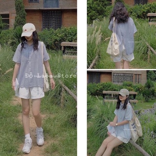 Sét bộ áo Sơ mi kẻ xanh kèm quần Short trắng Sét bộ đồ nữ áo sơ mi vạt chéo sau mix quần đùi 40-65kg