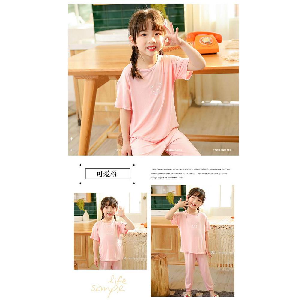 Bộ Áo Thun Tay Ngắn + Quần Dài Màu Trơn Bằng Cotton 100-150cm Thời Trang Mùa Hè Cho Bé
