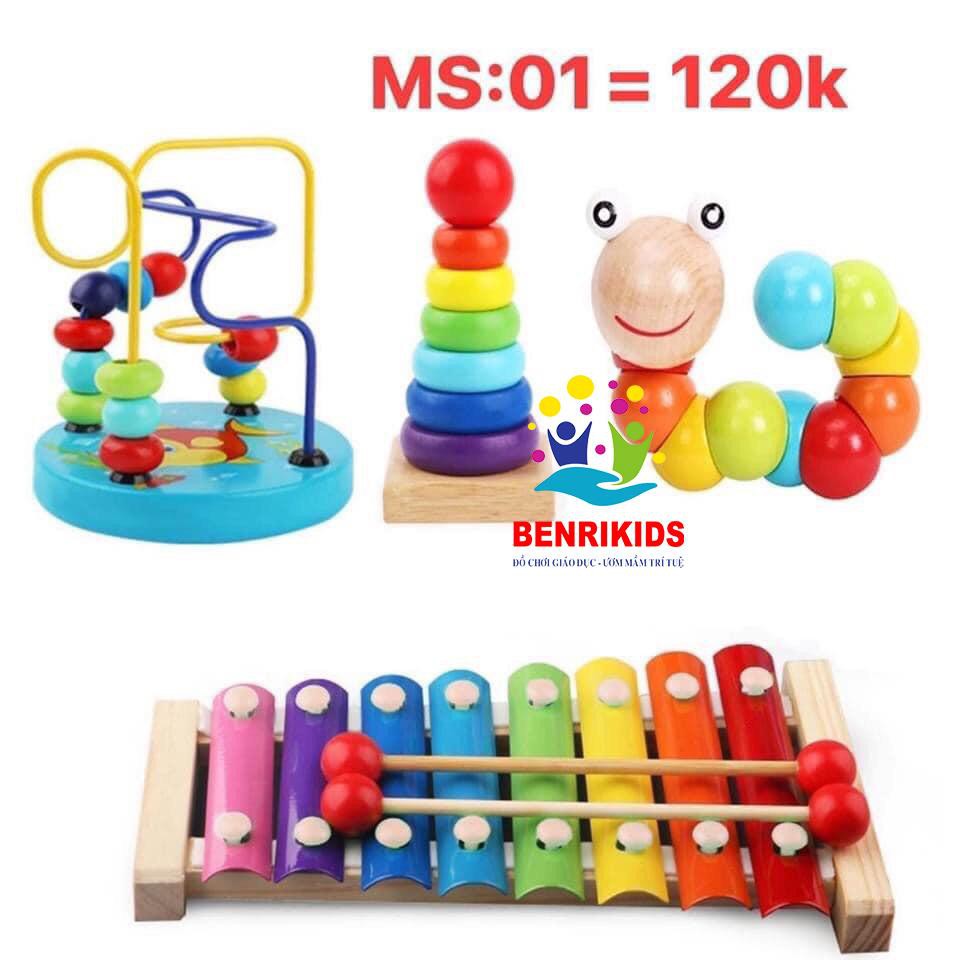 Combo Đồ Chơi Giáo Dục Montessori: Luồn Hạt Mini - Tháp Xếp Chồng - Đàn Khung Gỗ - Sâu Uốn Dẻo Bằng Gỗ