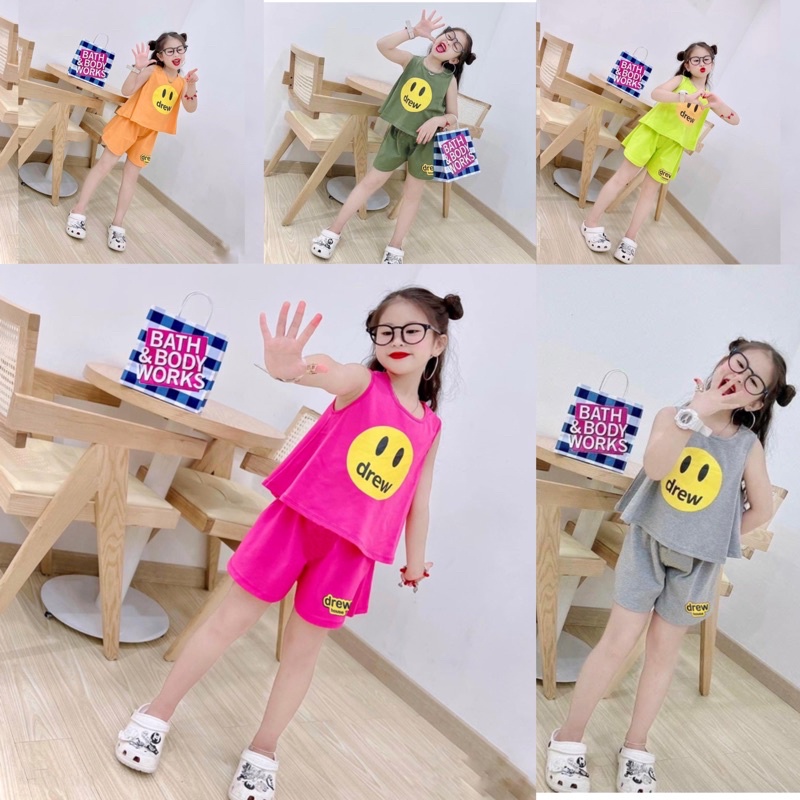 Bộ quần áo mặt cười bé gái, bộ sát nách drew house cho bé size đại chất liệu cotton thoáng mát