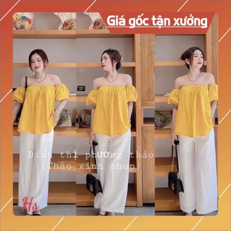 - Hàng cao cấp Bộ Áo Trễ Vai Quần Trắng Đũi , Áo Hở Vai Kèm Quần Suông Ống Rộng 2 Màu X30