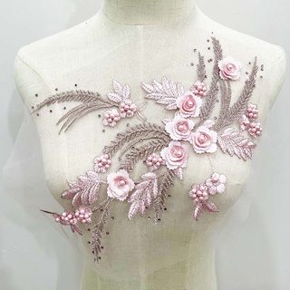  1 Cặp Miếng Vải Ren Thêu Hoa 3D Đính Hạt Cườm Trang Trí Áo Đầm 