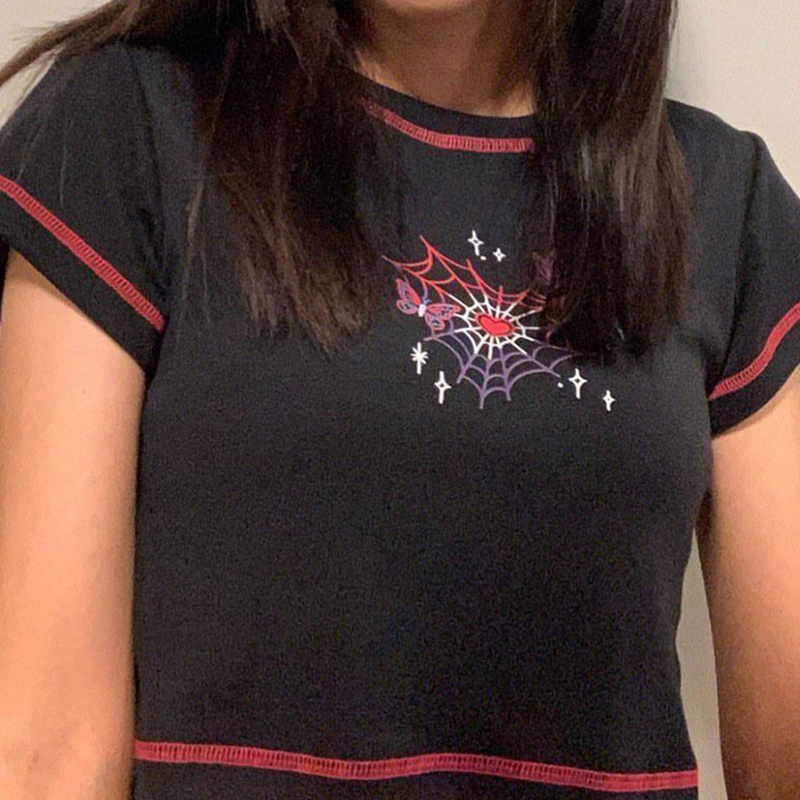 Áo Thun Nữ Ngắn Tay In Hình Trái Tim Và Bướm Phong Cách Harajuku