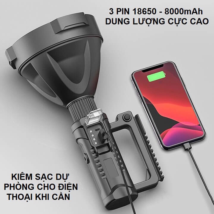 Đèn pin cầm tay siêu sáng P90 chiếu xa 1000m chống thấm nước, pin khủng 8000mAh, có chân đế