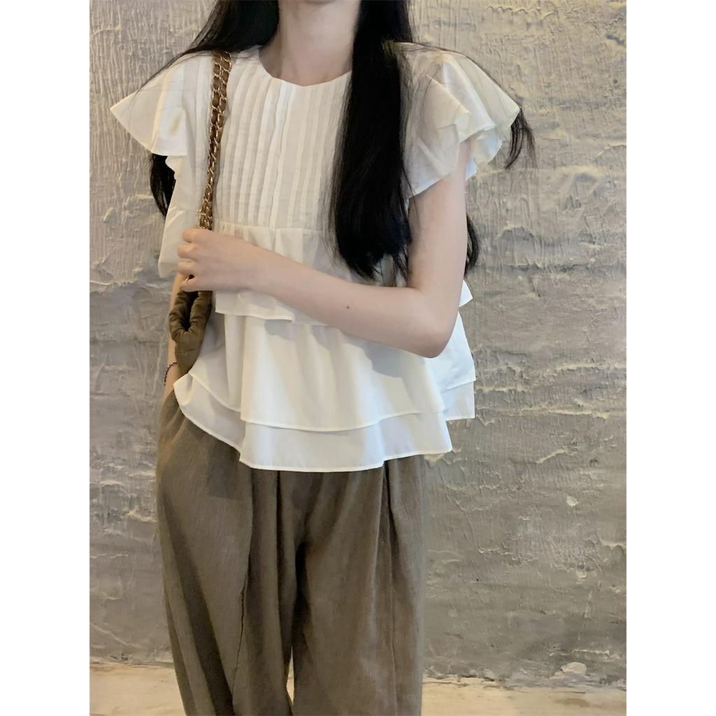 Áo Sơ Mi Cổ Tròn Xếp Ly Nhỏ Viền Tay Áo Bay Phong Cách Mới 65487