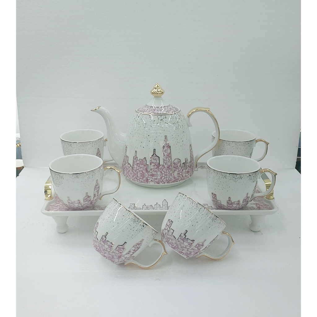 Bộ bình trà  kèm khay, ấm bầu trắng pha tím- màu trắng pha xanh dương viền vàng cao cấp