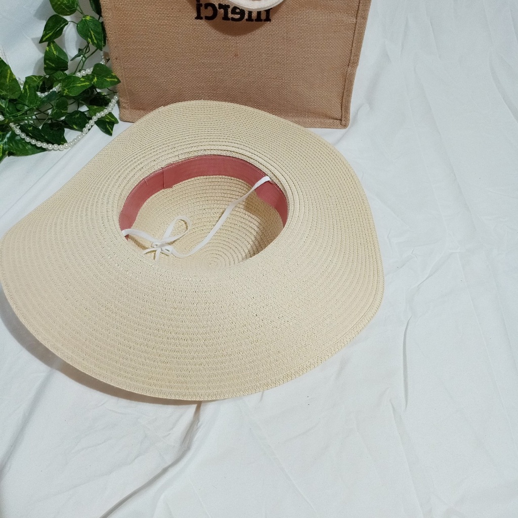 Nón cói/mũ cói nữ đi biển vành rộng phối nơ chấm bi sang chảnh hình chụp thật-vành rộng chấm bi