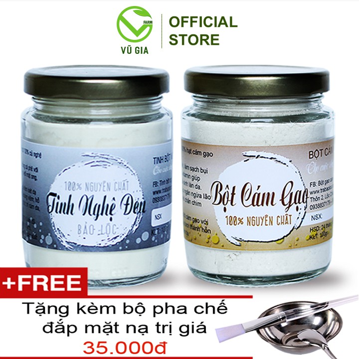Combo Bột Cám Gạo + Tinh Nghệ Đen - Nguyên Chất VG Farm 100g + Tặng Bộ Đắp Mặt