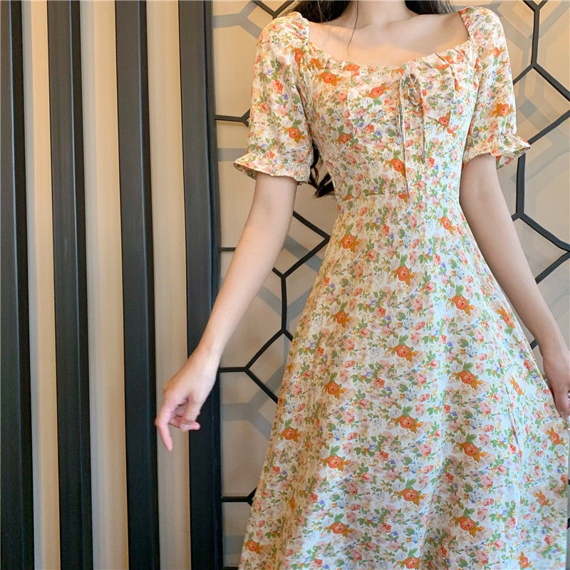 Đầm Hoa Dáng Chữ A Tay Phồng Ngắn Xẻ Tà Thời Trang Hàn Quốc Cho Nữ | WebRaoVat - webraovat.net.vn