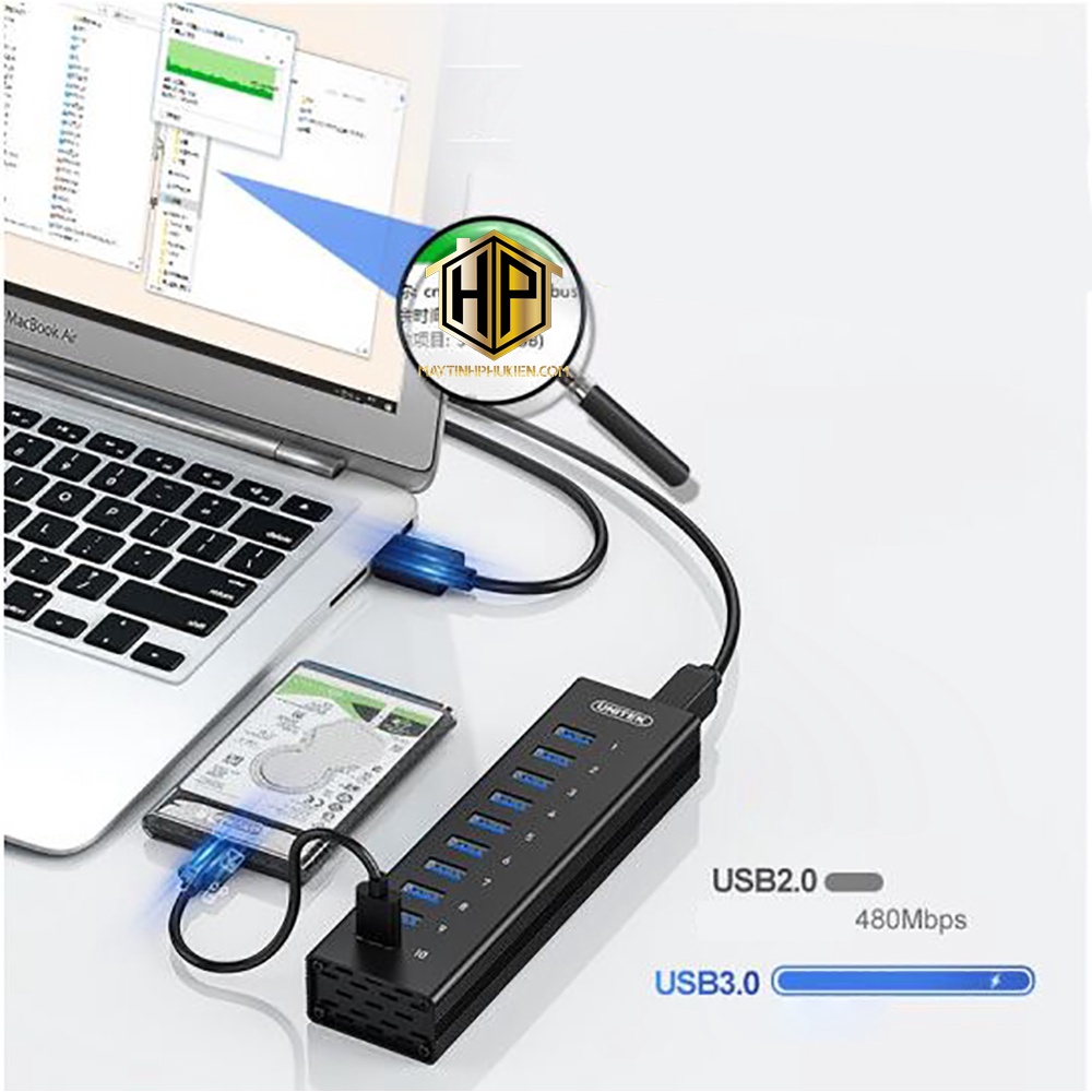 Bộ chia 10 Cổng USB 3.0 UNITEK H305A - HUB USB 10 Port Vỏ Nhôm - Hapustore