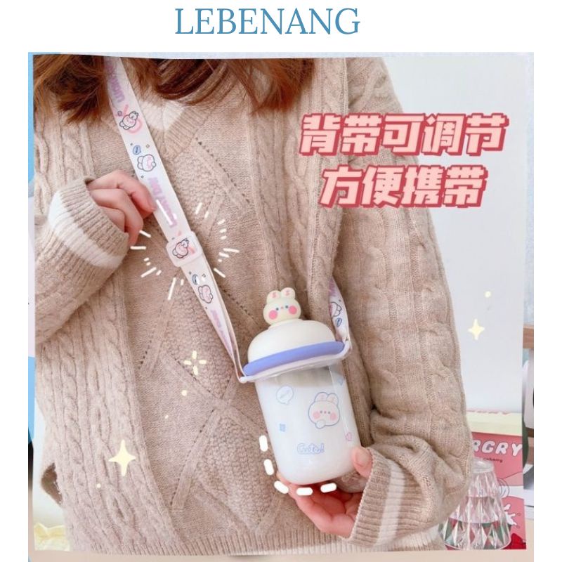 Bình nước cute nắp kín hình thú 435 ml kèm dây đeo tặng kèm LEBENANG