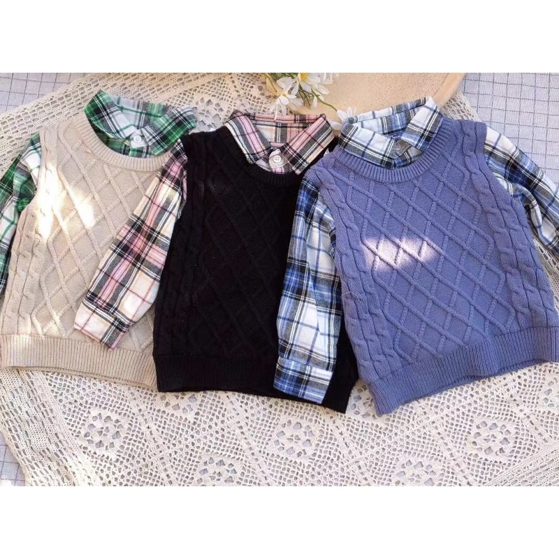 Áo Len Lót Lông Bên Trong Dày Ấm Cho Bé Trai Size 90-130(10-25kg), Áo Len Kèm Cổ Sơ Mi Cho Bé Trai
