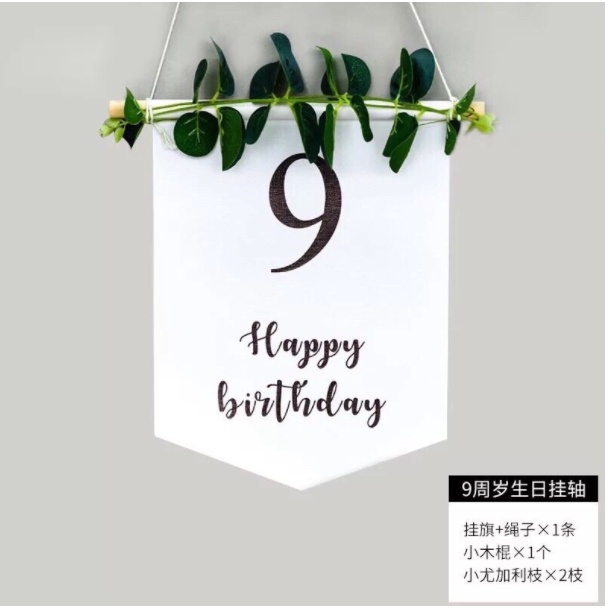 ( Tặng móc treo) Banner in số tuổi sinh nhật kèm lá decor Hàn Quốc Phụ kiện trang trí sinh nhật happy birth